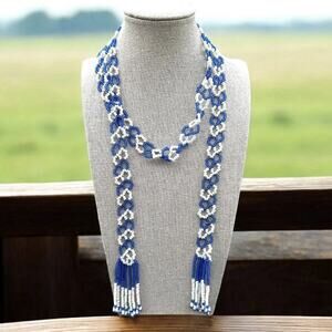 Vintage Seed Bead Braided Lariat Necklace Light Blue & White Opaline Tassels 44”